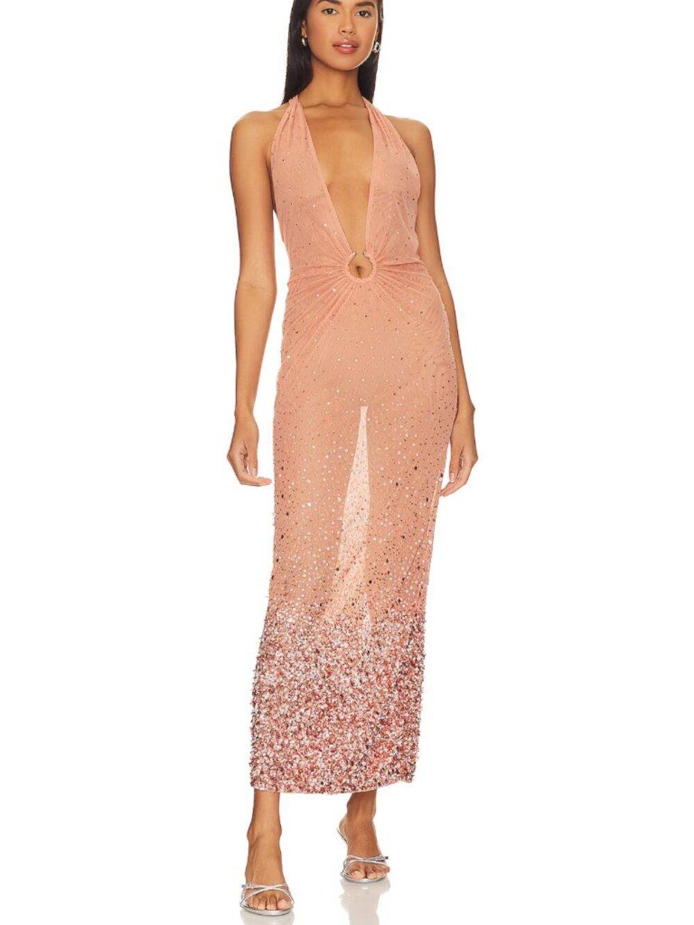 NWT Retrofête Ioanna Rose Gold Embellished Halter Maxi Dress Size M $1195
